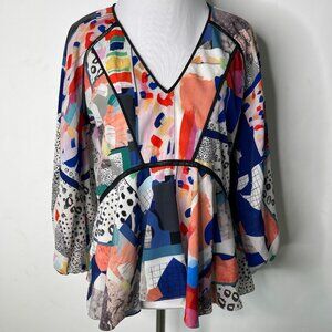 Hunter Bell Women's Multicolor V-Neck Long Sleeve 100% Silk Blouse Size XS